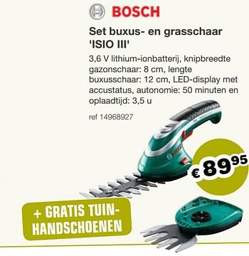 Aanbiedingen Bosch set buxus-en grasschaar isio lll - Bosch - Geldig van 13/05/2019 tot 26/05/2019 bij Europoint