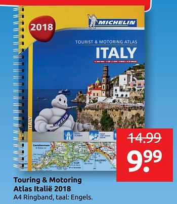 Aanbiedingen Touring + motoring atlas italië 2018 - Michelin - Geldig van 17/05/2019 tot 25/05/2019 bij Boekenvoordeel