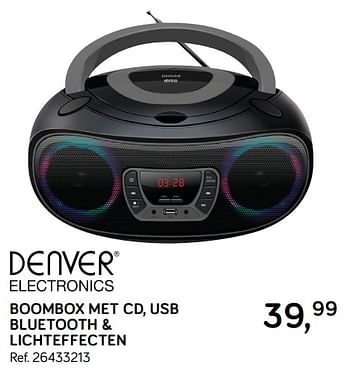 Aanbiedingen Denver boombox met cd, usb bluetooth + lichteffecten - Denver Electronics - Geldig van 28/05/2019 tot 25/06/2019 bij Supra Bazar
