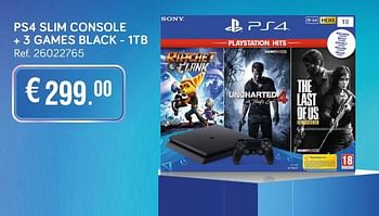 Aanbiedingen Ps4 slim console + 3 games black - 1tb - Sony - Geldig van 28/05/2019 tot 25/06/2019 bij Supra Bazar