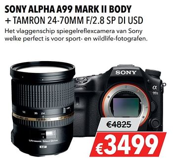 Aanbiedingen Sony alpha a99 mark ii body + tamron 24-70mm f-2.8 sp di usd - Sony - Geldig van 27/05/2019 tot 09/06/2019 bij Kamera Express