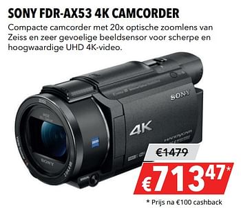Aanbiedingen Sony fdr-ax53 4k camcorder - Sony - Geldig van 27/05/2019 tot 09/06/2019 bij Kamera Express