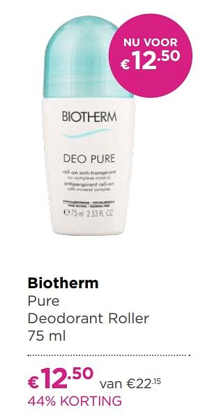 Aanbiedingen Biotherm pure deodorant roller - Biotherm - Geldig van 17/06/2019 tot 14/07/2019 bij Ici Paris XL