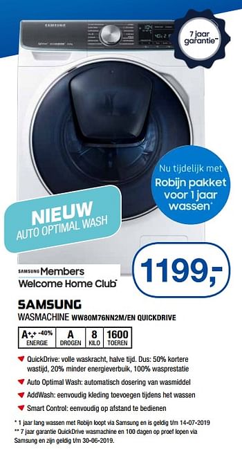 Aanbiedingen Samsung wasmachine ww80m76nn2m-en quickdrive - Samsung - Geldig van 17/06/2019 tot 30/06/2019 bij Electro World