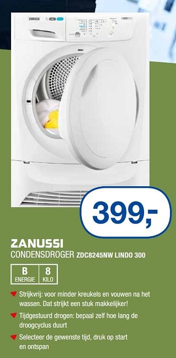 Aanbiedingen Zanussi condensdroger zdc8245nw lindo 300 - Zanussi - Geldig van 17/06/2019 tot 30/06/2019 bij Electro World