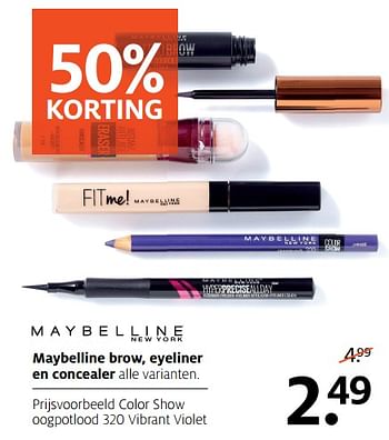 Aanbiedingen Maybelline brow, eyeliner en concealer color show oogpotlood 320 vibrant violet - Maybelline - Geldig van 17/06/2019 tot 30/06/2019 bij Etos