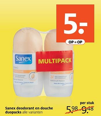 Aanbiedingen Sanex deodorant en douche duopacks - Sanex - Geldig van 17/06/2019 tot 30/06/2019 bij Etos