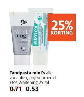 Aanbiedingen Tandpasta mini`s etos whitening - Huismerk - Etos - Geldig van 17/06/2019 tot 30/06/2019 bij Etos