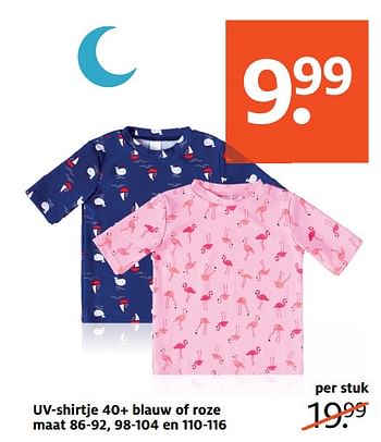 Aanbiedingen Uv-shirtje 40+ blauw of roze maat 86-92, 98-104 en 110-116 - Huismerk - Etos - Geldig van 17/06/2019 tot 30/06/2019 bij Etos