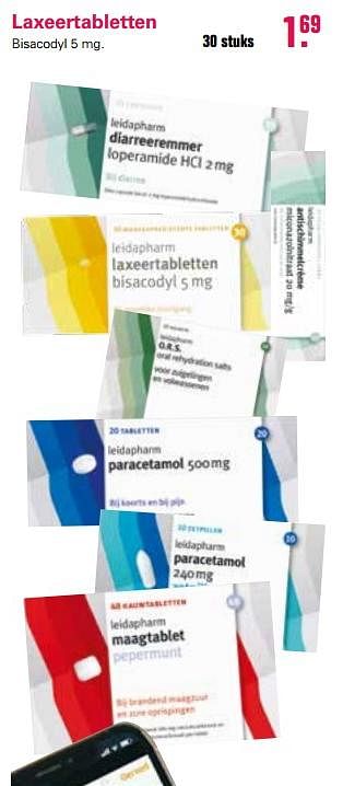 Aanbiedingen Laxeertabletten bisacodyl 5 mg - Leidapharm - Geldig van 19/06/2019 tot 06/07/2019 bij De Online Drogist