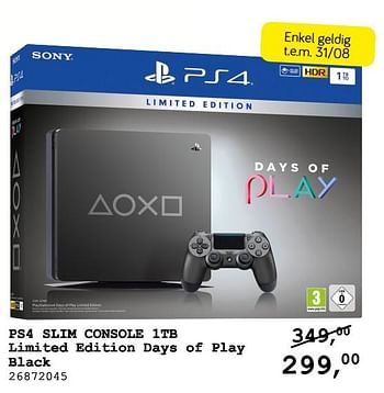 Aanbiedingen Sony ps4 slim console 1tb limited edition days of play black - Sony - Geldig van 13/08/2019 tot 10/09/2019 bij Supra Bazar