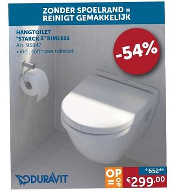 Aanbiedingen Toiletten hangtoilet starck 3 rimless - Duravit - Geldig van 20/08/2019 tot 23/09/2019 bij Zelfbouwmarkt