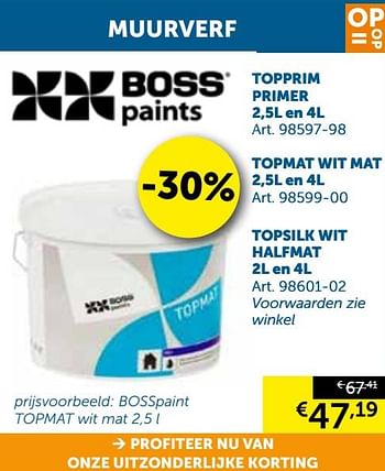 Aanbiedingen Topprim primer - Boss Paints - Geldig van 08/10/2019 tot 04/11/2019 bij Zelfbouwmarkt