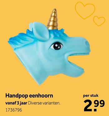 Aanbiedingen Handpop eenhoorn - Huismerk - Intertoys - Geldig van 11/11/2019 tot 24/11/2019 bij Intertoys