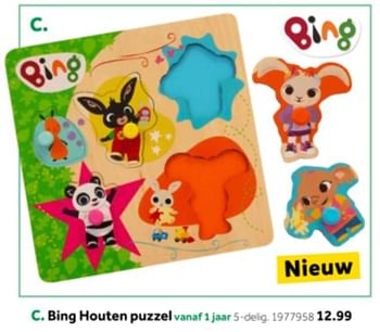 Aanbiedingen Bing houten puzzel - Bing - Geldig van 14/10/2019 tot 08/12/2019 bij Intertoys