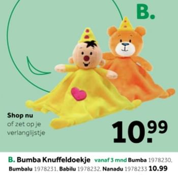Aanbiedingen Bumba knuffeldoekje - Bumba - Geldig van 14/10/2019 tot 08/12/2019 bij Intertoys