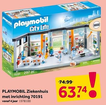 Aanbiedingen Playmobil ziekenhuis met inrichting 70191 - Playmobil - Geldig van 25/11/2019 tot 08/12/2019 bij Intertoys
