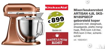 Aanbiedingen Kitchenaid mixer-keukenrobot artisan 4,8l 5ksm185psecp - Kitchenaid - Geldig van 09/12/2019 tot 31/12/2019 bij Europoint