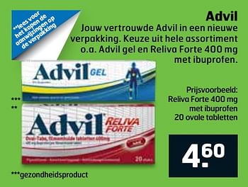 Aanbiedingen Advil reliva forte 400 mg met ibuprofen 20 ovale tabletten - Advil - Geldig van 07/01/2020 tot 19/01/2020 bij Trekpleister