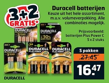 Aanbiedingen Batterijen plus power c - Duracell - Geldig van 07/01/2020 tot 19/01/2020 bij Trekpleister