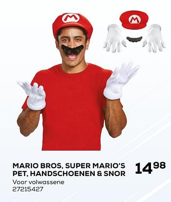 Aanbiedingen Mario bros, super mario`s pet, handschoenen + snor - Super Mario - Geldig van 07/02/2020 tot 03/03/2020 bij Supra Bazar