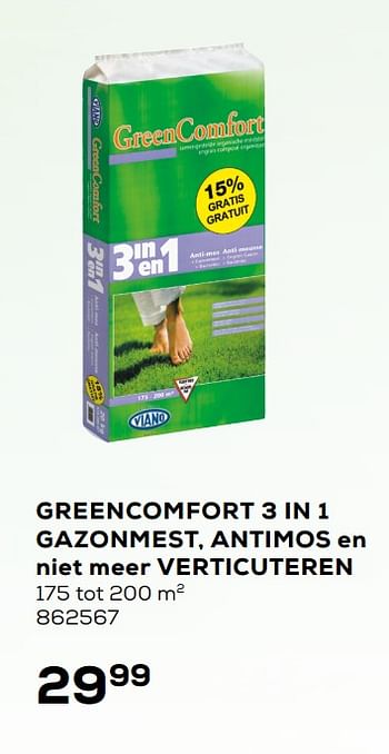 Aanbiedingen Greencomfort 3 in 1 gazonmest, antimos en niet meer verticuteren - Viano - Geldig van 06/03/2020 tot 31/03/2020 bij Supra Bazar