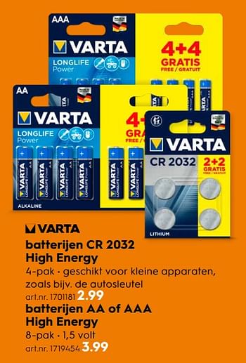 Aanbiedingen Batterijen cr 2032 high energy - Varta - Geldig van 16/03/2020 tot 29/03/2020 bij Blokker