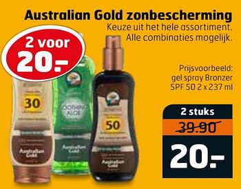 Aanbiedingen Gel spray bronzer spf 50 - Australian Gold - Geldig van 14/04/2020 tot 26/04/2020 bij Trekpleister