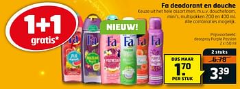 Aanbiedingen Deospray purple passion - Fa - Geldig van 14/04/2020 tot 26/04/2020 bij Trekpleister