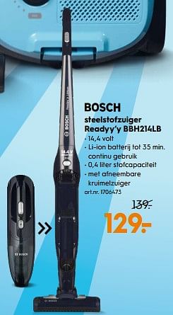 Aanbiedingen Bosch steelstofzuiger readyy`y bbh214lb - Bosch - Geldig van 14/04/2020 tot 26/04/2020 bij Blokker