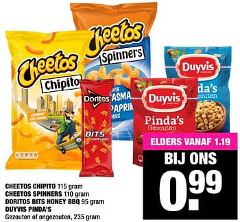 Aanbiedingen Cheetos chipito cheetos spinners doritos bits honey bbq duyvis pinda`s - Doritos - Geldig van 20/04/2020 tot 03/05/2020 bij Big Bazar