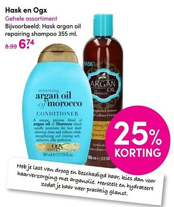 Aanbiedingen Hask argan oil repairing shampoo - OGX - Geldig van 13/04/2020 tot 26/04/2020 bij da