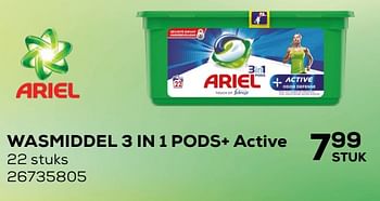 Aanbiedingen Wasmiddel 3 in 1 pods+ active - Ariel - Geldig van 26/05/2020 tot 30/06/2020 bij Supra Bazar