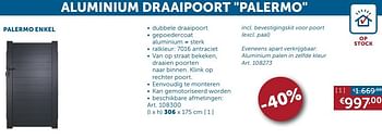 Aanbiedingen Poort dubbel palermo - Geldig van 23/06/2020 tot 20/07/2020 bij Zelfbouwmarkt