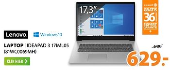 Aanbiedingen Lenovo laptop ideapad 3 17iml05 (81wc0069mh) - Lenovo - Geldig van 22/06/2020 tot 28/06/2020 bij Expert