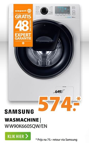 Aanbiedingen Samsung wasmachine ww90k6605qw-en - Samsung - Geldig van 22/06/2020 tot 28/06/2020 bij Expert