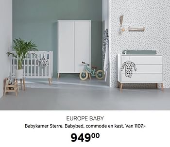 Aanbiedingen Europe baby babykamer sterre. babybed, commode en kast - Europe baby - Geldig van 17/06/2020 tot 20/07/2020 bij Babypark