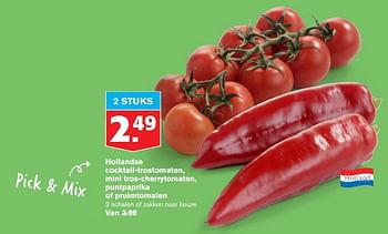 Aanbiedingen Cocktail-trostomaten mini tros-cherrytomaten puntpaprika of pruimtomaten - Huismerk - Hoogvliet - Geldig van 24/06/2020 tot 30/06/2020 bij Hoogvliet
