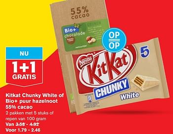 Aanbiedingen Kitkat chunky white of bio+ puur hazelnoot 55% cacao - Nestlé - Geldig van 24/06/2020 tot 30/06/2020 bij Hoogvliet