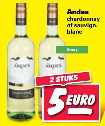 Aanbiedingen Andes chardonnay of sauvign. blanc - Witte wijnen - Geldig van 20/07/2020 tot 26/07/2020 bij Nettorama