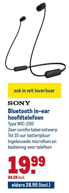 Aanbiedingen Sony bluetooth in-ear hoofdtelefoon wic-200 - Sony - Geldig van 15/07/2020 tot 28/07/2020 bij Makro