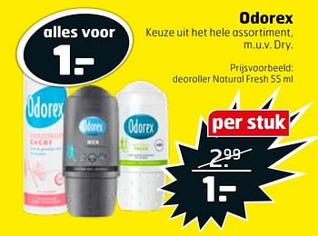Aanbiedingen Deoroller natural fresh - Odorex - Geldig van 21/07/2020 tot 26/07/2020 bij Trekpleister