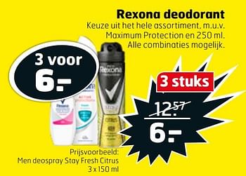 Aanbiedingen Men deospray stay fresh citrus - Rexona - Geldig van 21/07/2020 tot 26/07/2020 bij Trekpleister