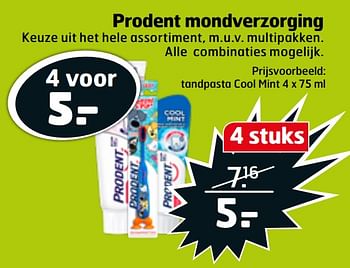 Aanbiedingen Tandpasta cool mint - Prodent - Geldig van 21/07/2020 tot 26/07/2020 bij Trekpleister
