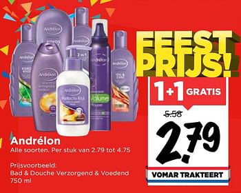 Aanbiedingen Andrélon bad + douche verzorgend + voedend - Andrelon - Geldig van 19/07/2020 tot 25/07/2020 bij Vomar