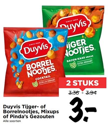 Aanbiedingen Duyvis tijger- of borrelnootjes, mixups of pinda`s gezouten - Duyvis - Geldig van 19/07/2020 tot 25/07/2020 bij Vomar
