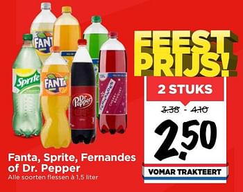 Aanbiedingen Fanta, sprite, fernandes of dr. pepper - Huismerk Vomar - Geldig van 19/07/2020 tot 25/07/2020 bij Vomar