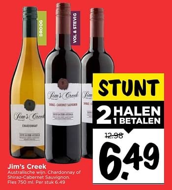 Aanbiedingen Jim`s creek australische wijn. chardonnay of shiraz-cabernet sauvignon - Witte wijnen - Geldig van 19/07/2020 tot 25/07/2020 bij Vomar