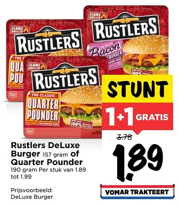 Aanbiedingen Rustlers deluxe burger of quarter pounder - Rustlers - Geldig van 19/07/2020 tot 25/07/2020 bij Vomar