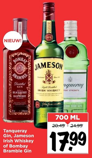 Aanbiedingen Tanqueray gin, jameson irish whiskey of bombay bramble gin - Huismerk Vomar - Geldig van 19/07/2020 tot 25/07/2020 bij Vomar